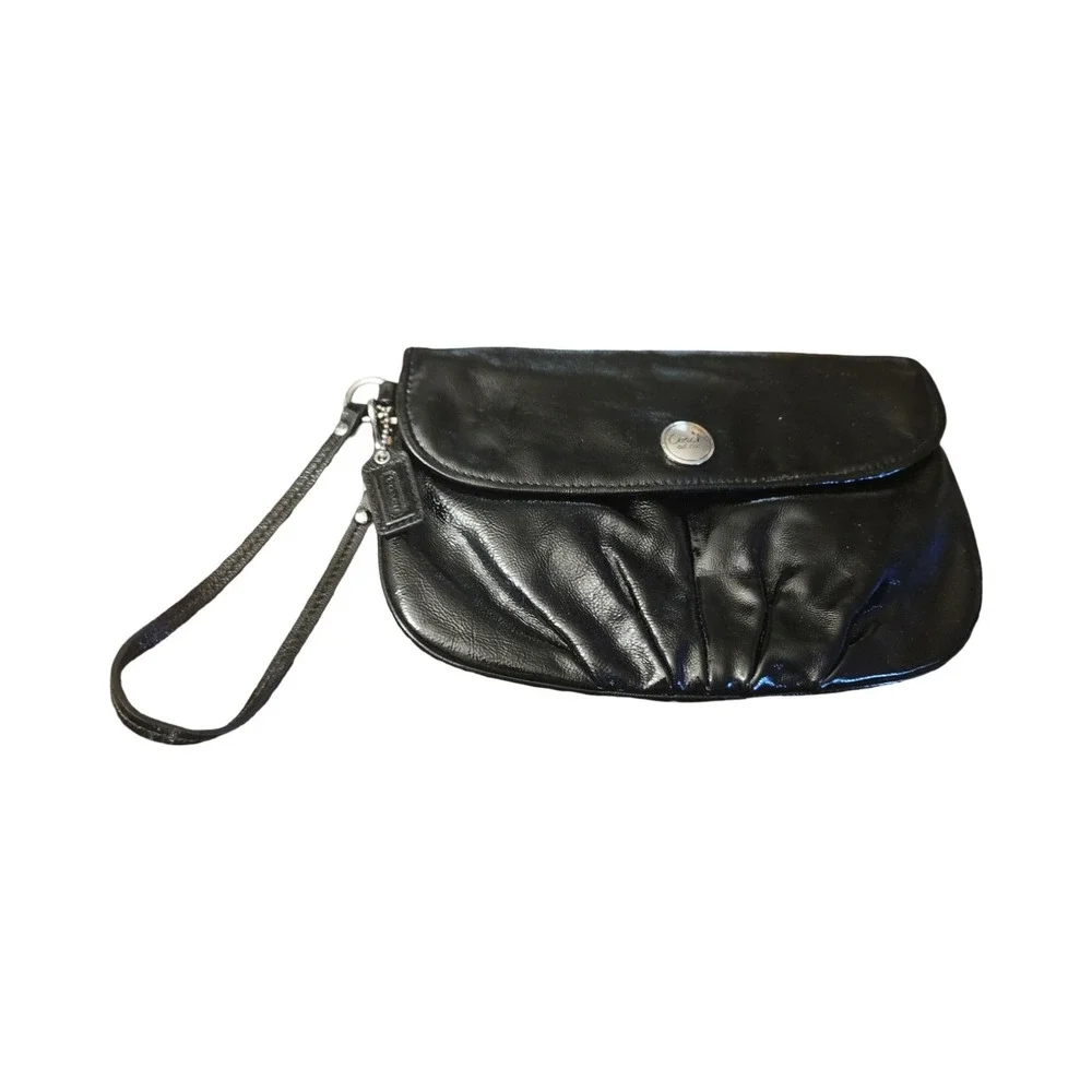 Coach Black Pleated Leather Wristlet Clutch Bag with Logo Button and Hangtag
